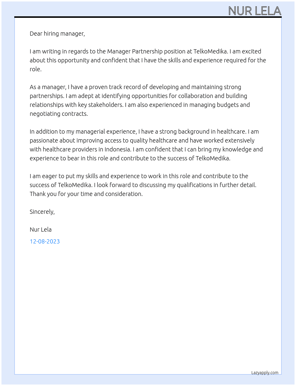 Manager Partnership At TelkoMedika Cover Letter