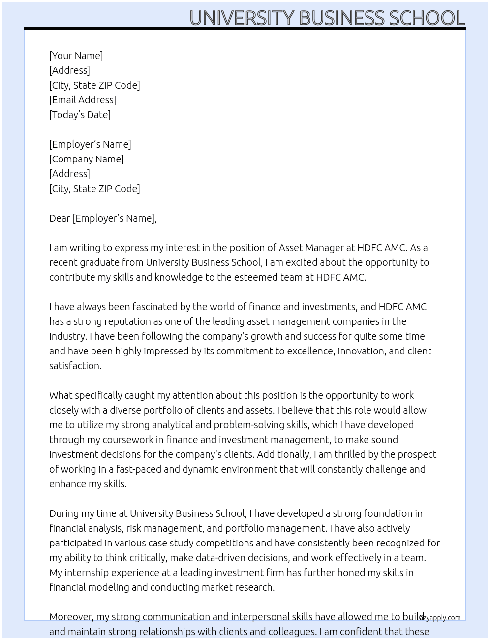 Asset management company At HDFC AMC Cover Letter