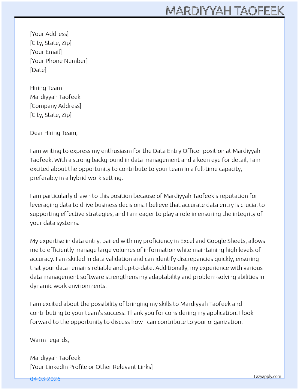 Cover letter for data entry officer - LazyApply