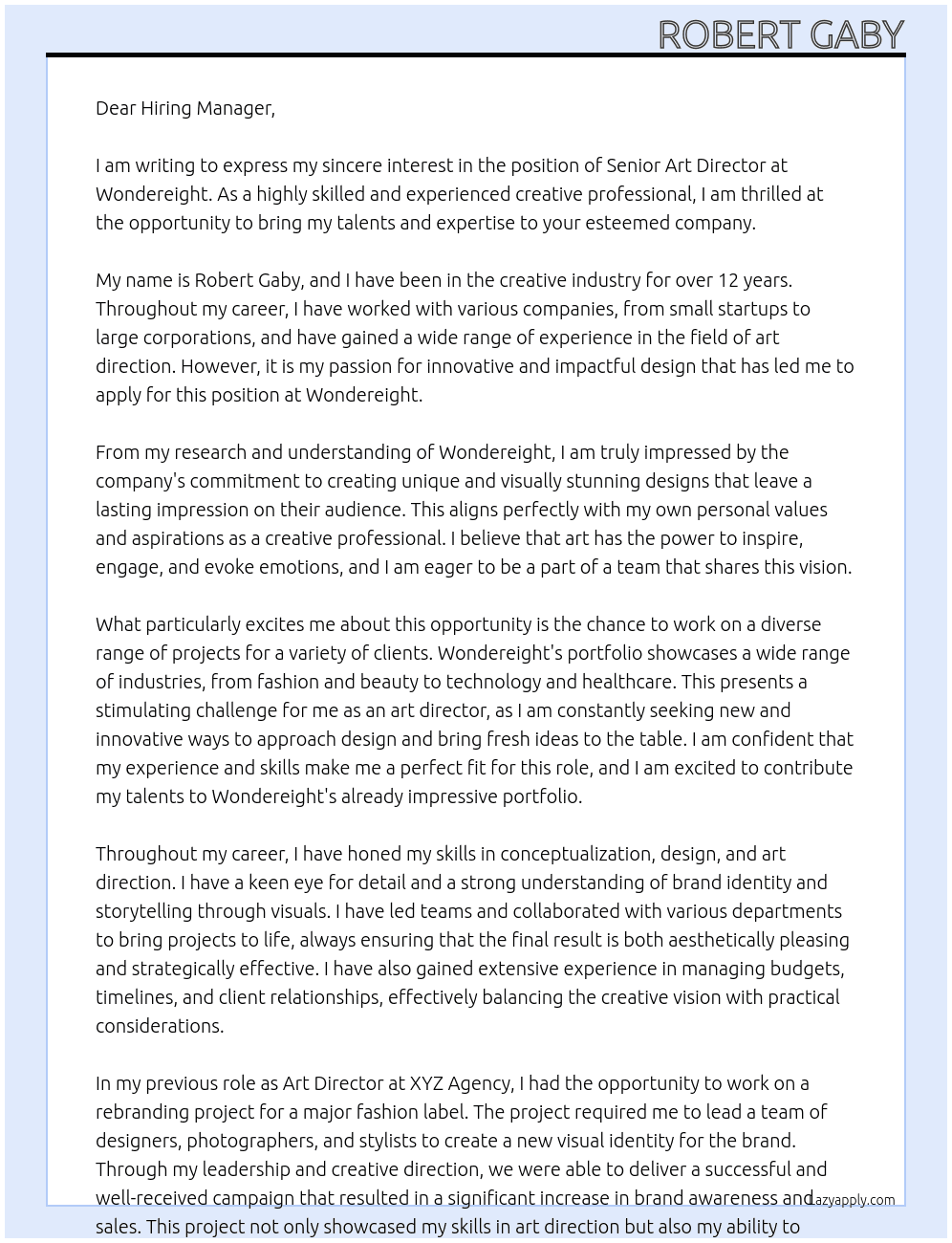 Senior Art Director At wondereight Cover Letter