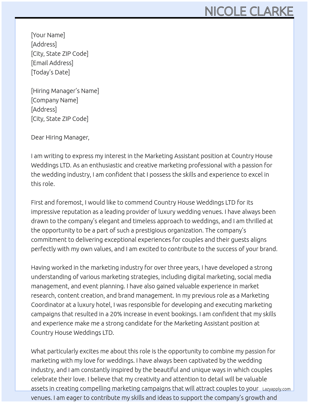 Marketing Assistant  At Country House Weddings LTD Cover Letter