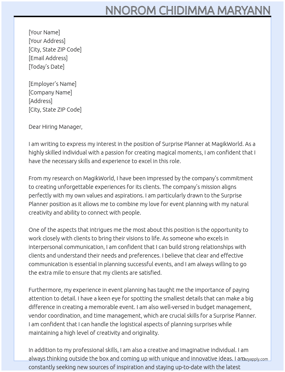 Surprise planner At MagikWorld Cover Letter