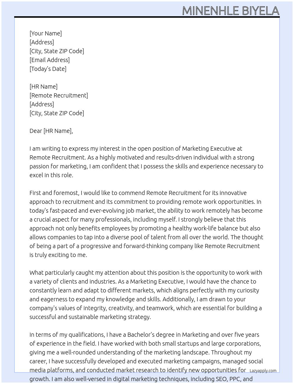 Cover letter for marketing executives - LazyApply