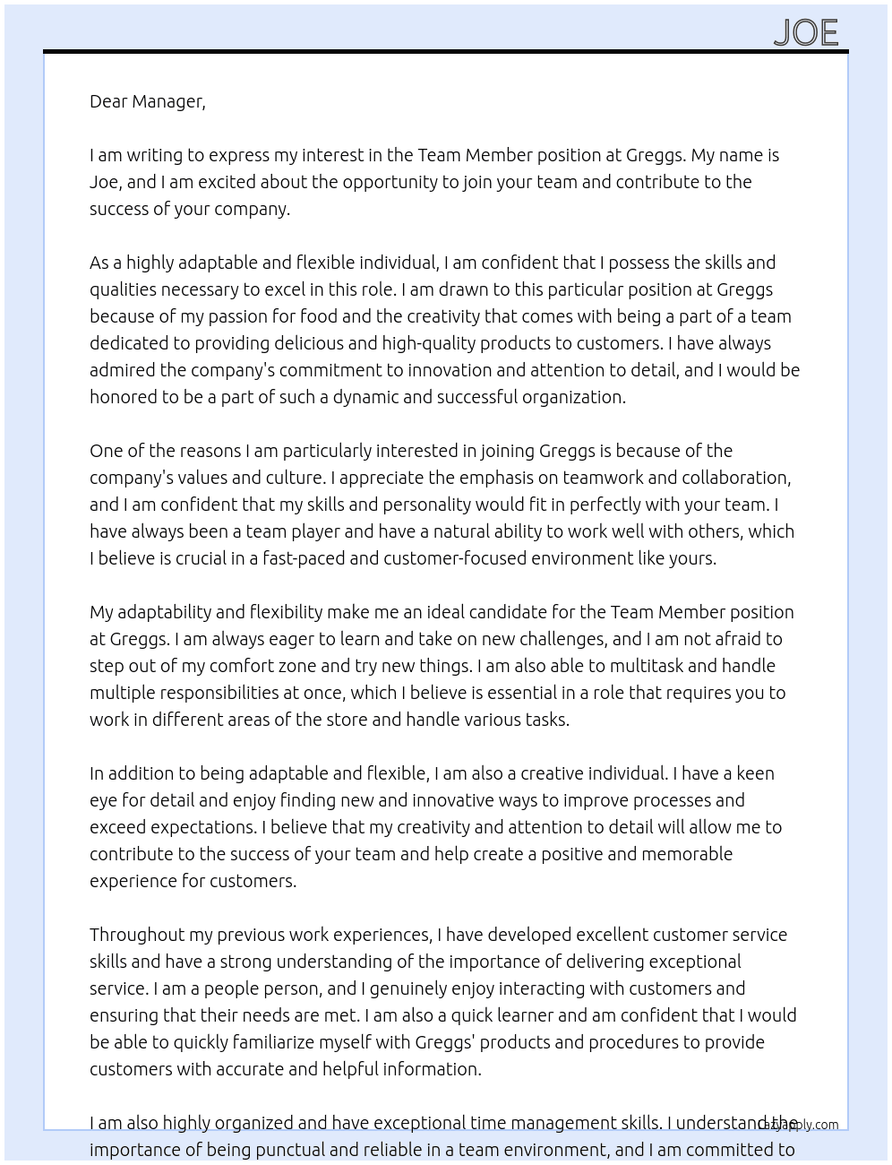 Team member  At Greggs  Cover Letter