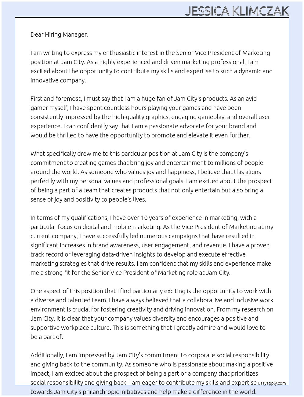 Senior Vice President, Marketing At Jam City Cover Letter