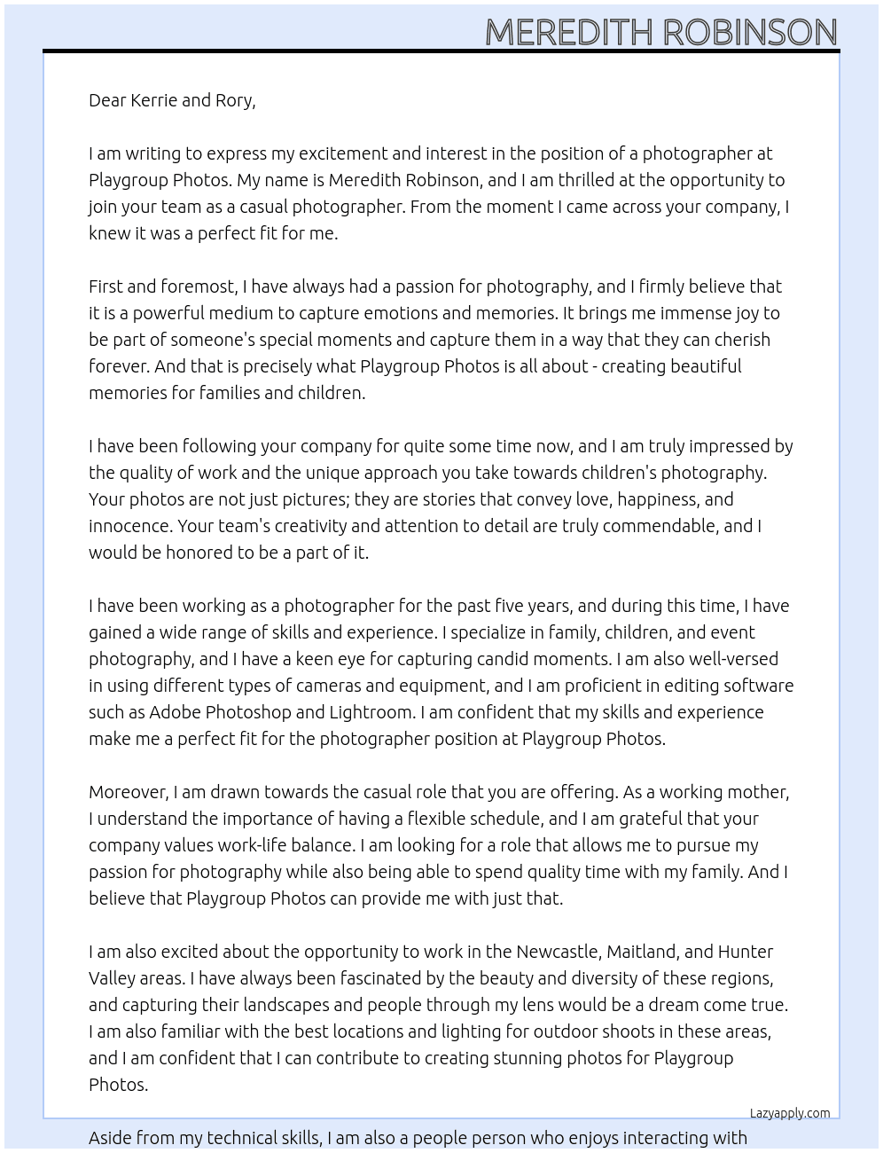 Photographer At Playgroup Photos Cover Letter