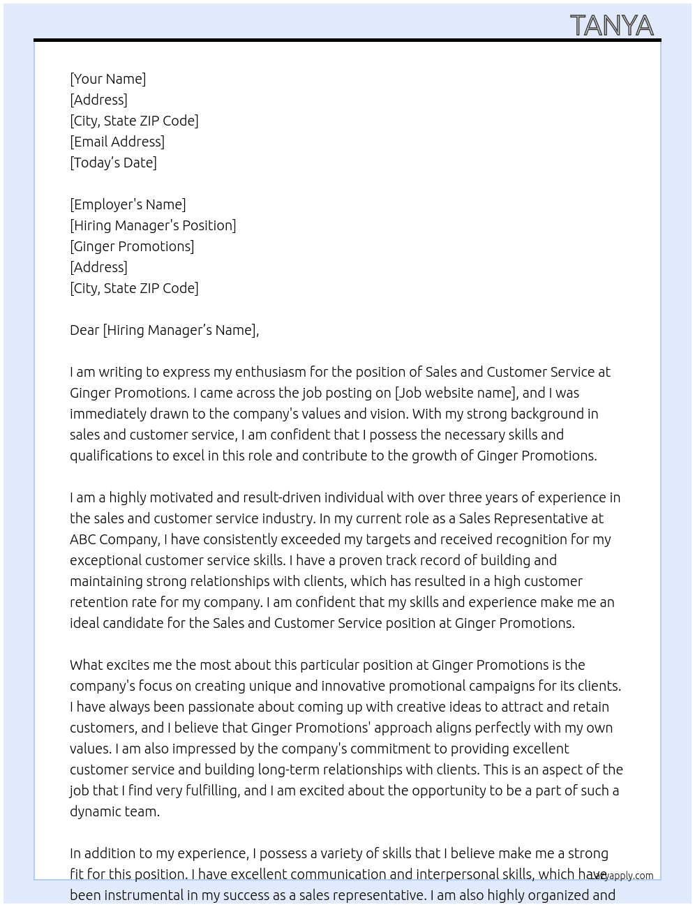 Sales and customer service  At Ginger promotions  Cover Letter