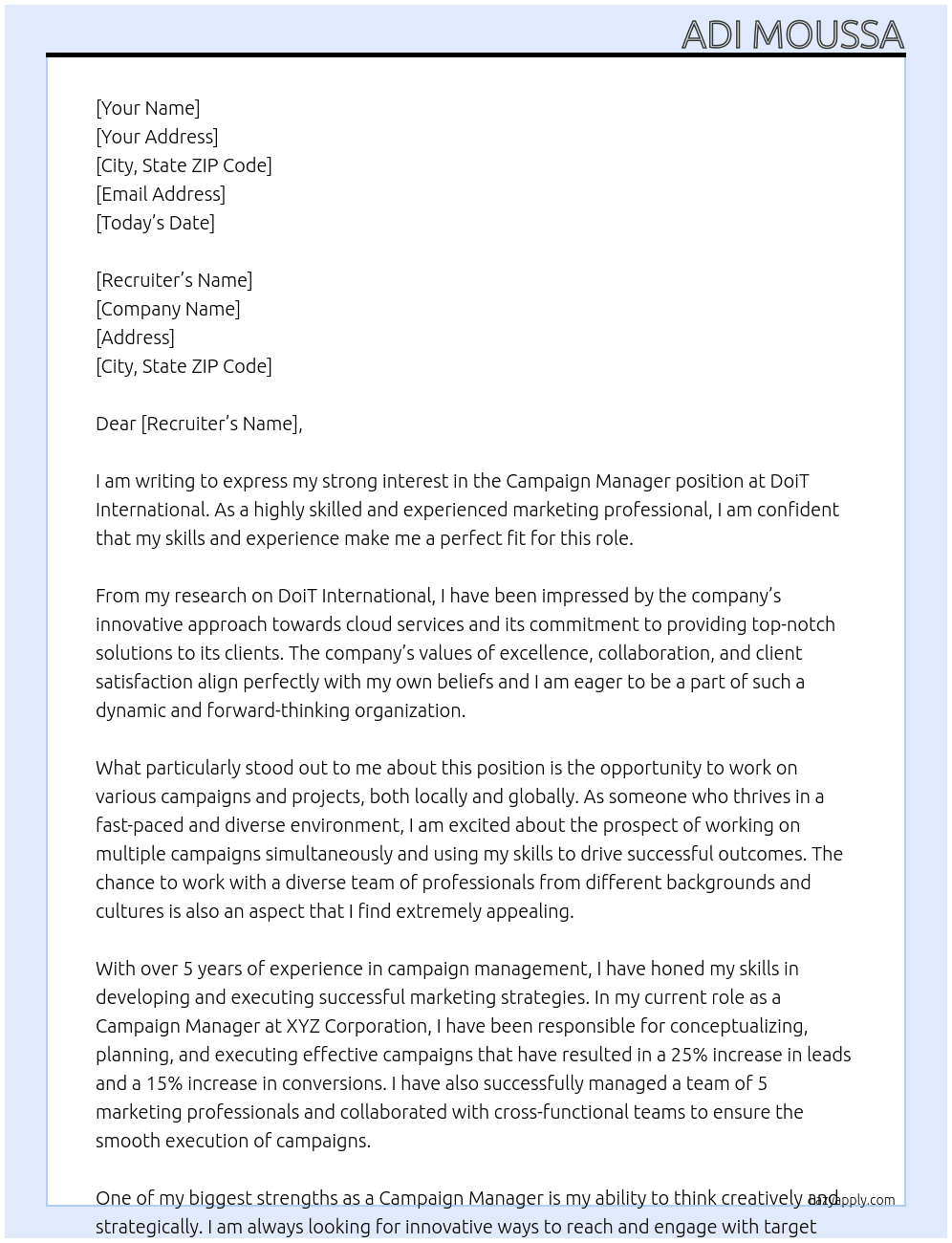 Campaign Manager At DoiT International Cover Letter