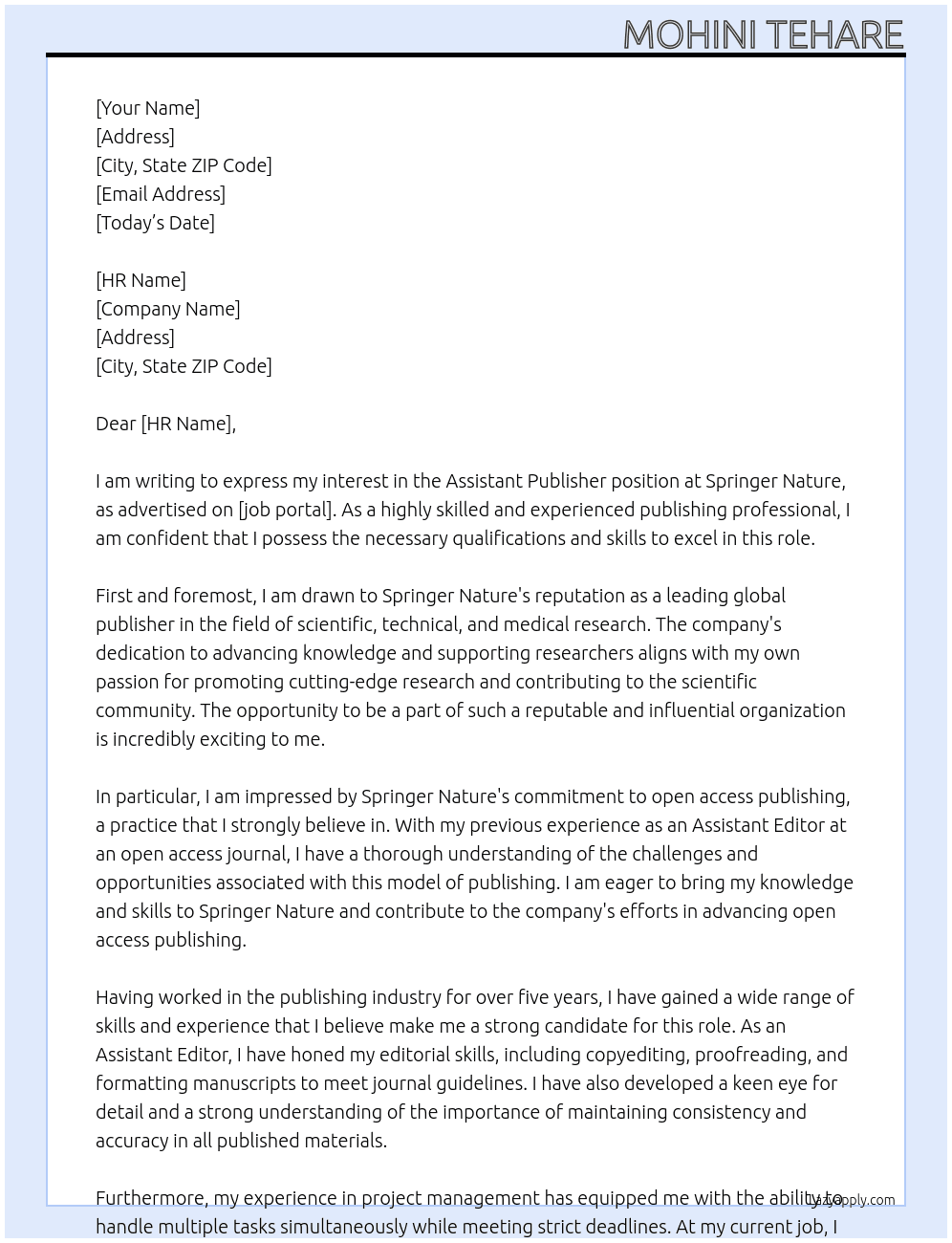 Assistant publisher  At Springer Nature  Cover Letter