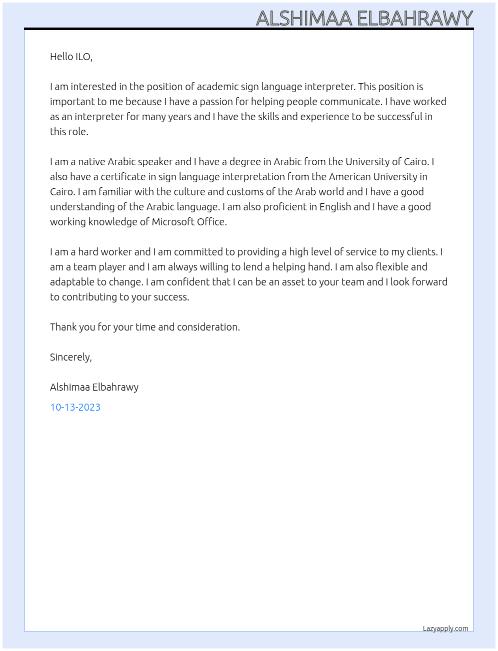  academic sign languge interpreter At ILO Cover Letter