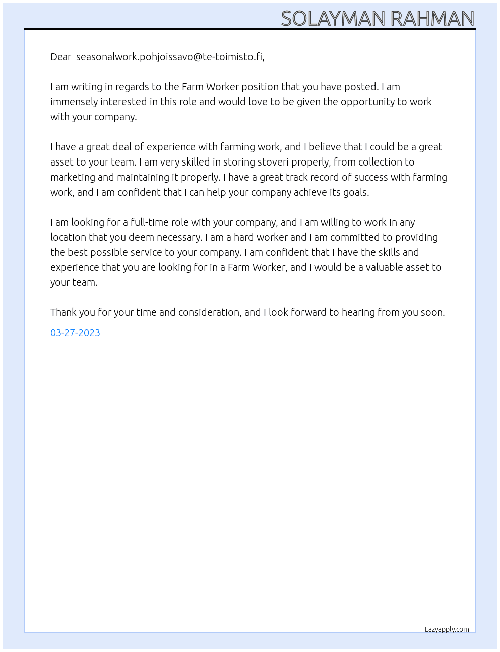 Farm Worker At seasonalwork Cover Letter