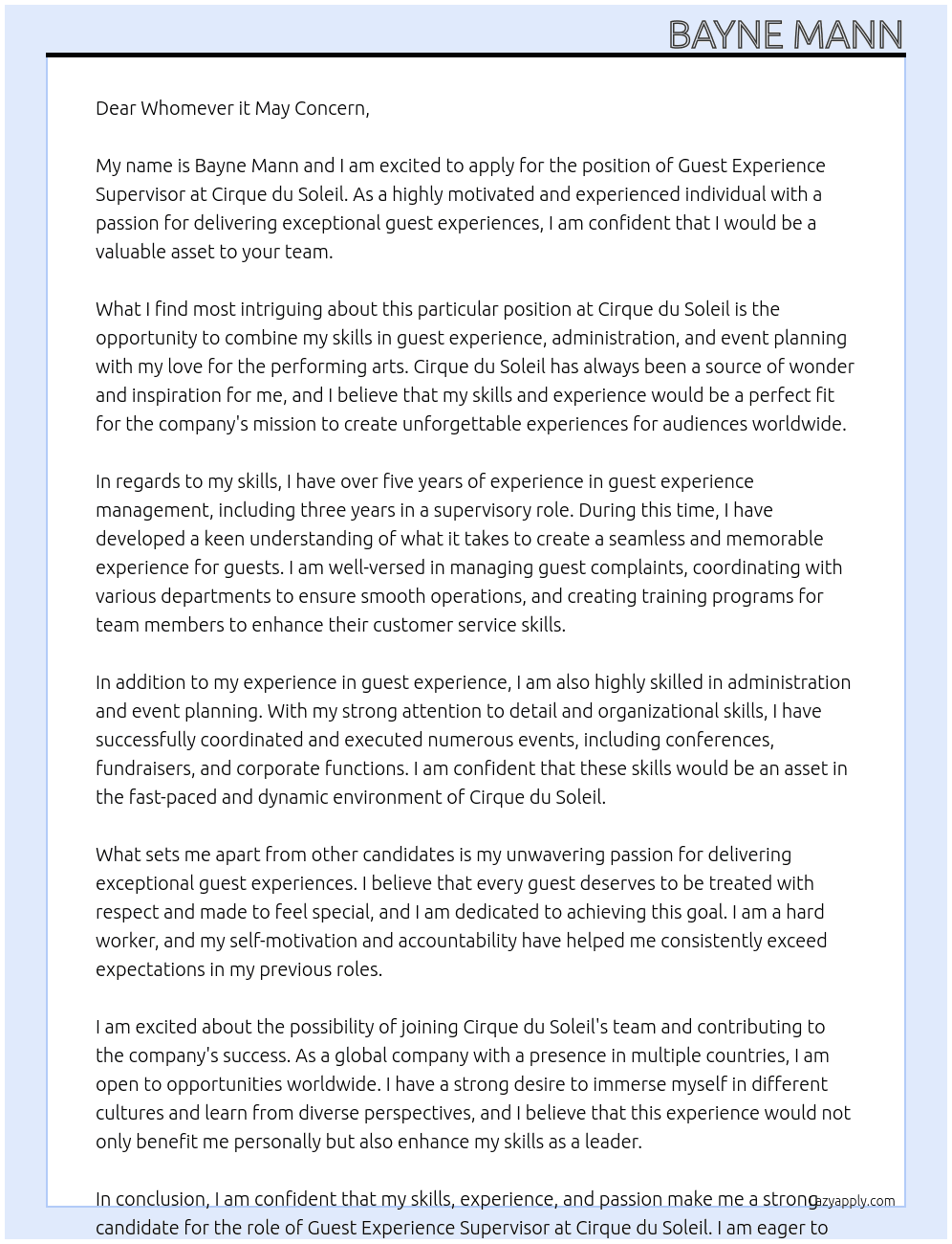 Guest Experience Supersivsor At Cirque du Soleil Cover Letter