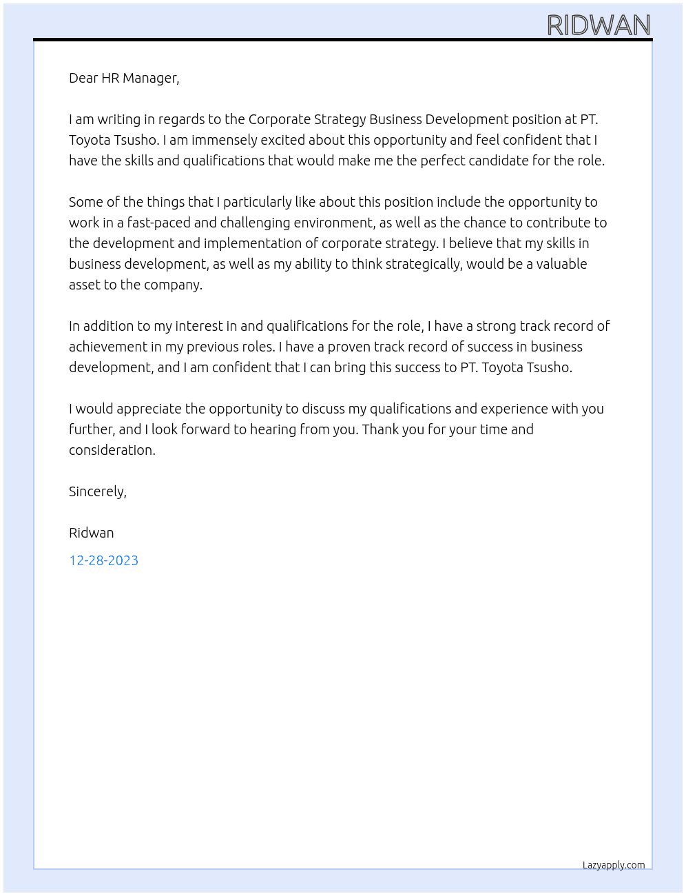 Coorporate strategy business development At PT. Toyota Tsusho Cover Letter