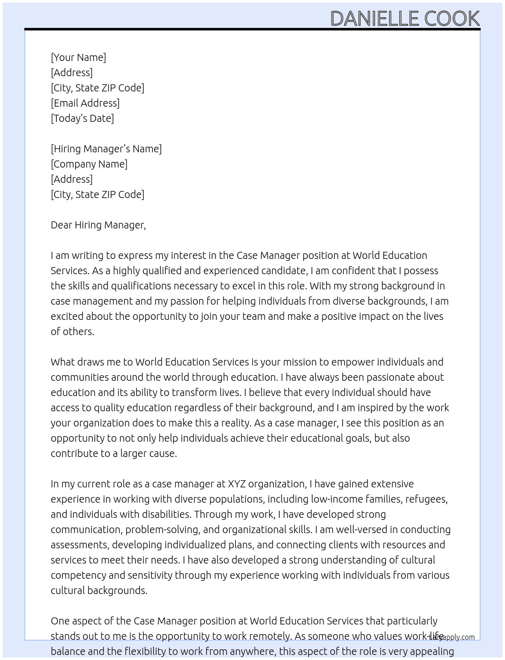 Case Manager At World Education Services Cover Letter