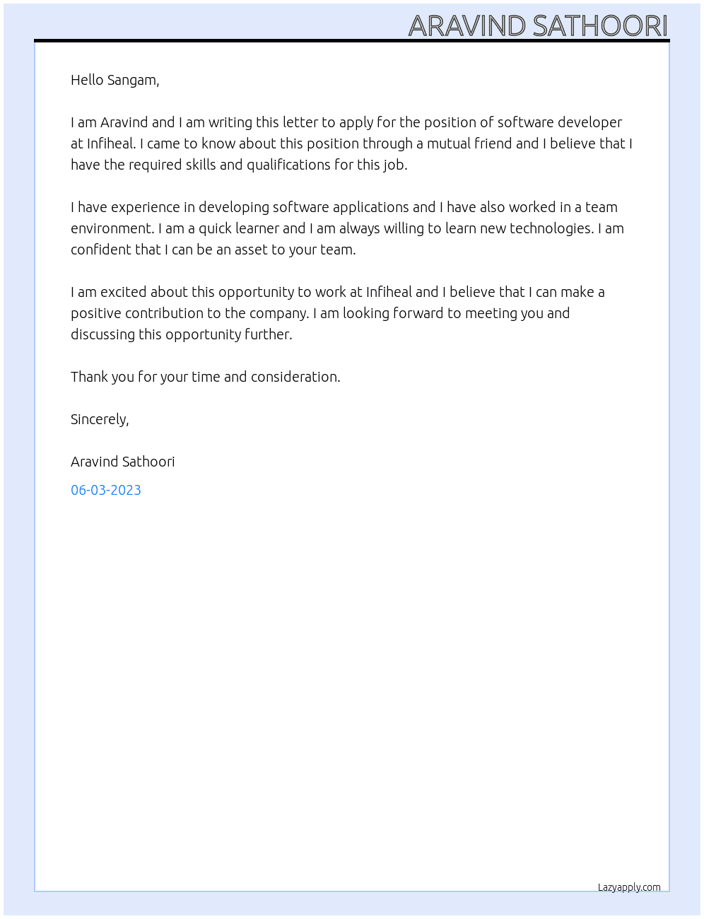 Software developer At Infiheal Cover Letter
