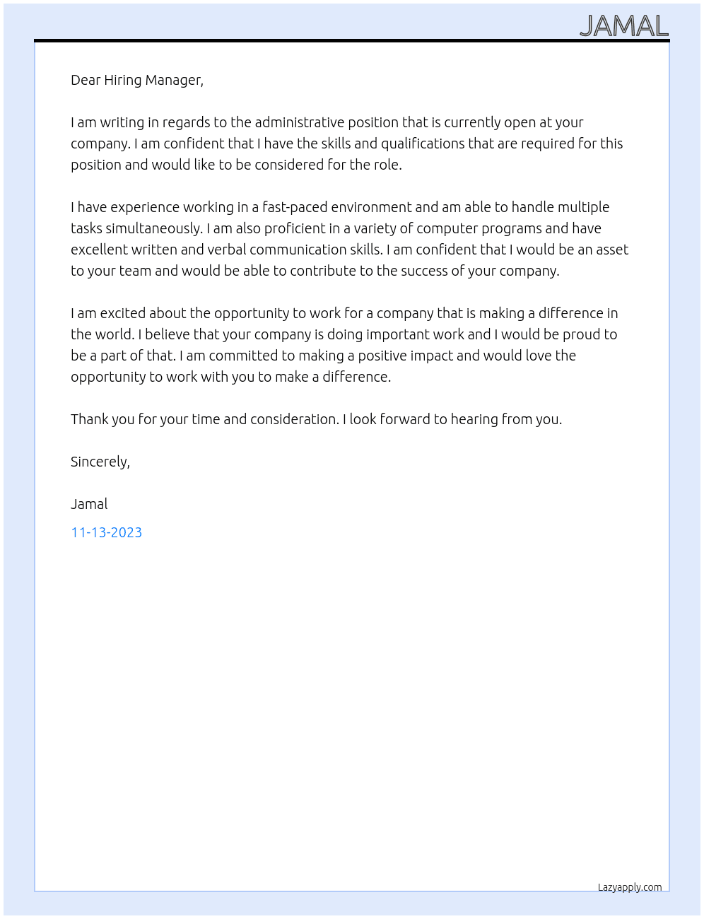 administrative position At freelancing Cover Letter