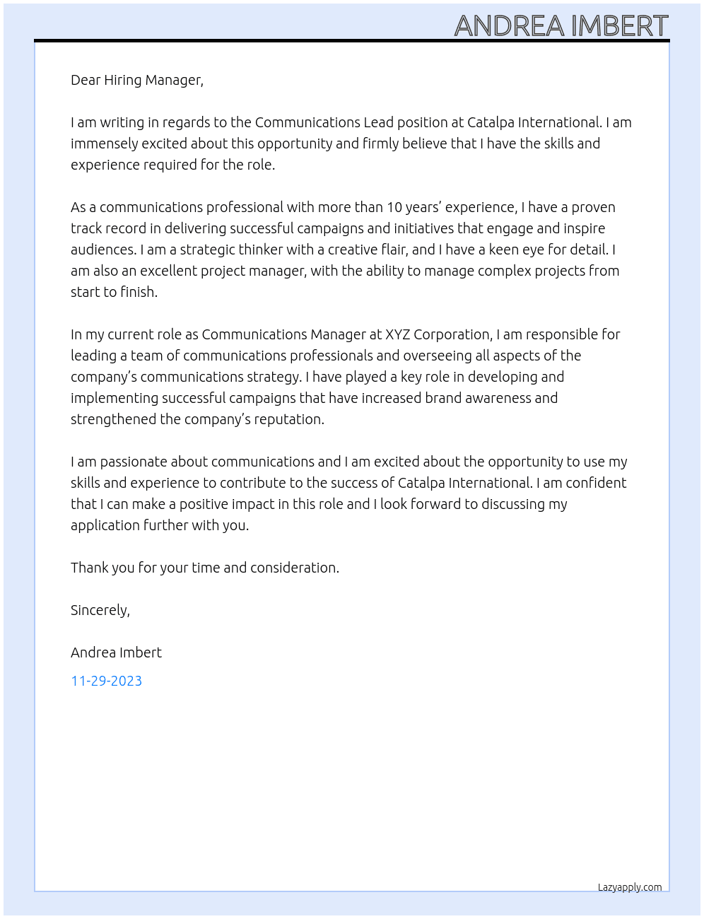 Communications Lead At Catalpa International Cover Letter