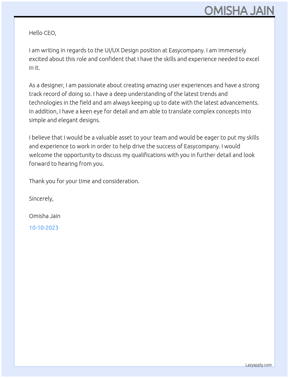 UI/UX Design At Easycompany Cover Letter