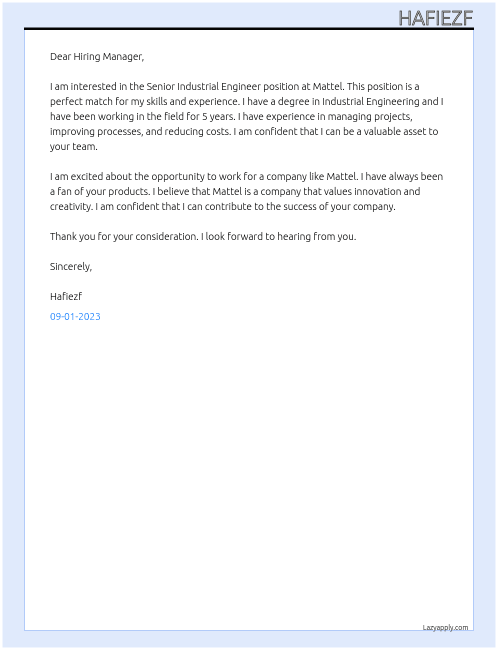 Senior Industrial Engineer At Mattel Cover Letter