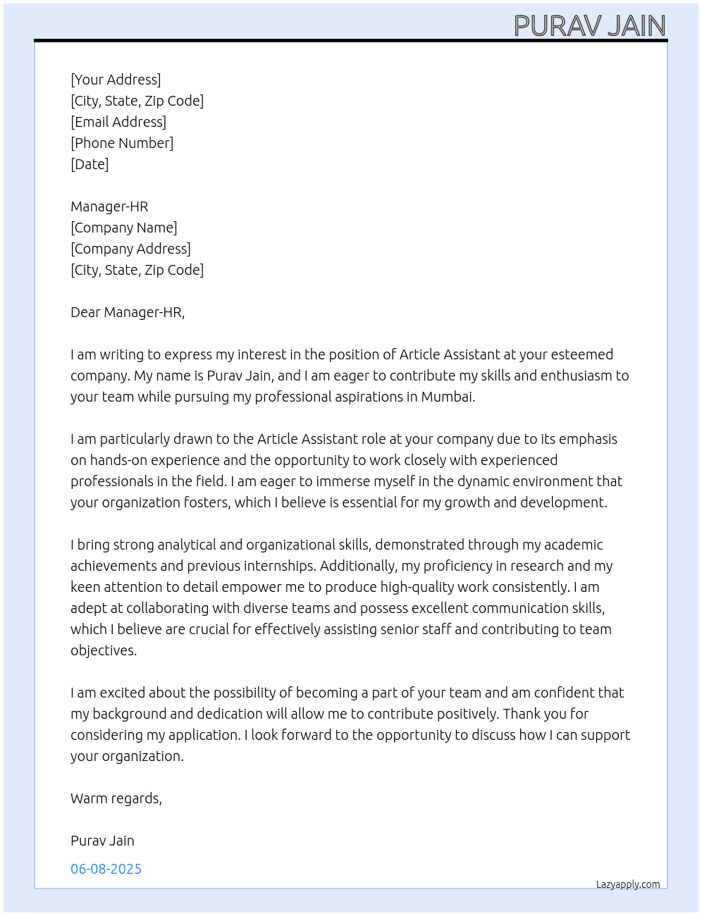 article assistant At any company Cover Letter