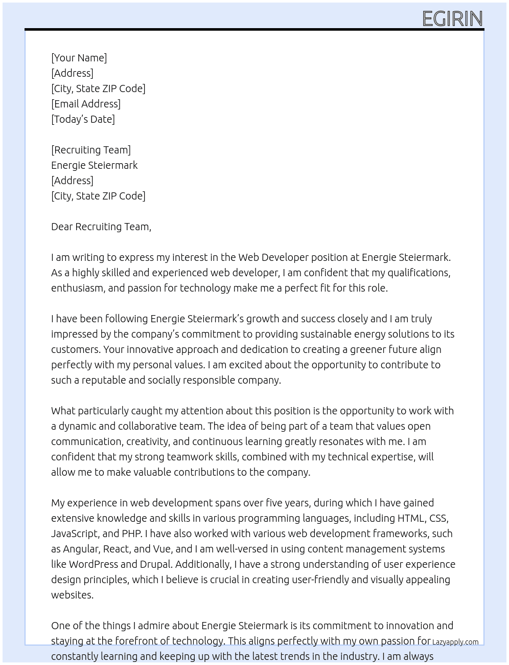 Web Developer At Energie Steiermark Cover Letter
