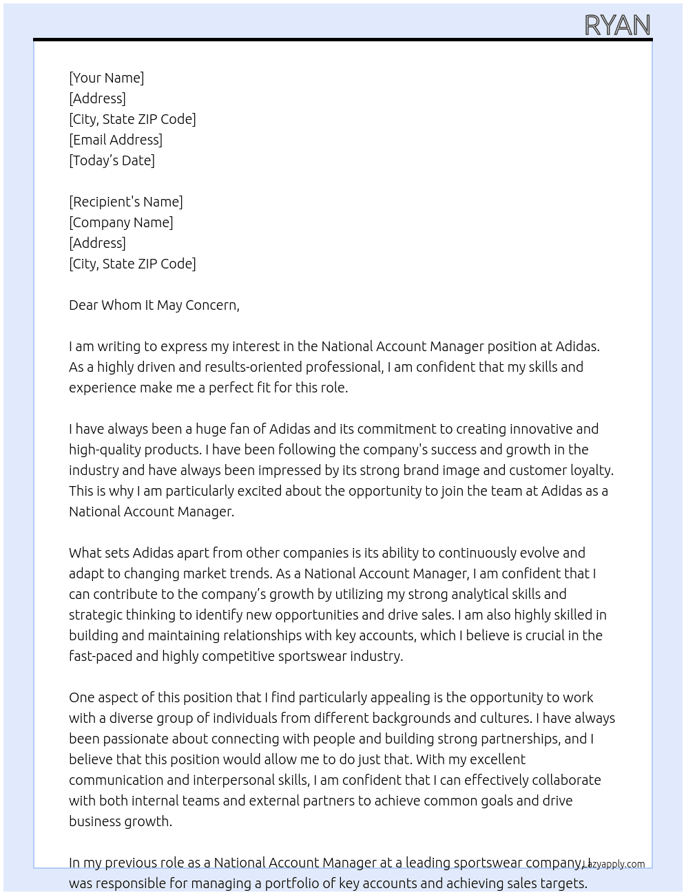 National Account Manager  At Adidas Cover Letter