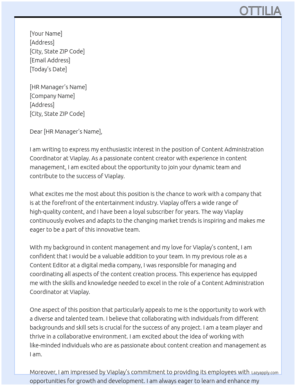 Content Administration Coordinator At Viaplay Cover Letter