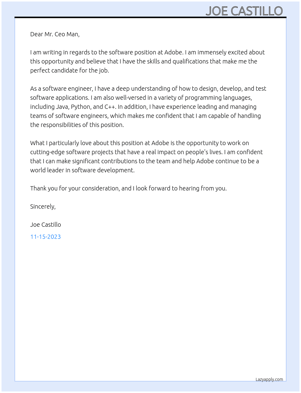 Software  At adobe  Cover Letter
