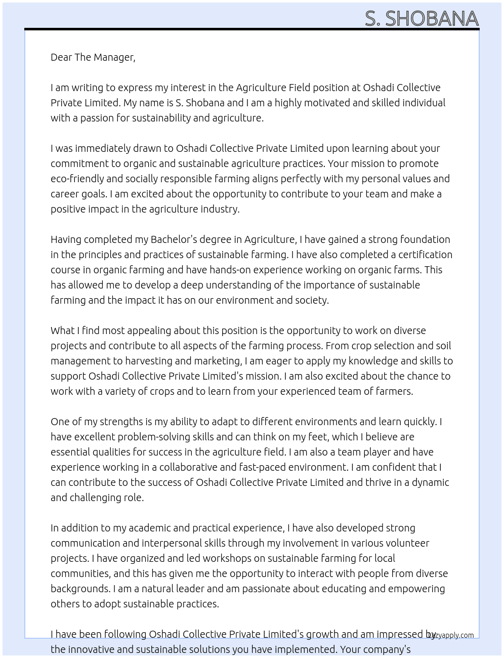Agriculture field At Oshadi  collective private limited Cover Letter
