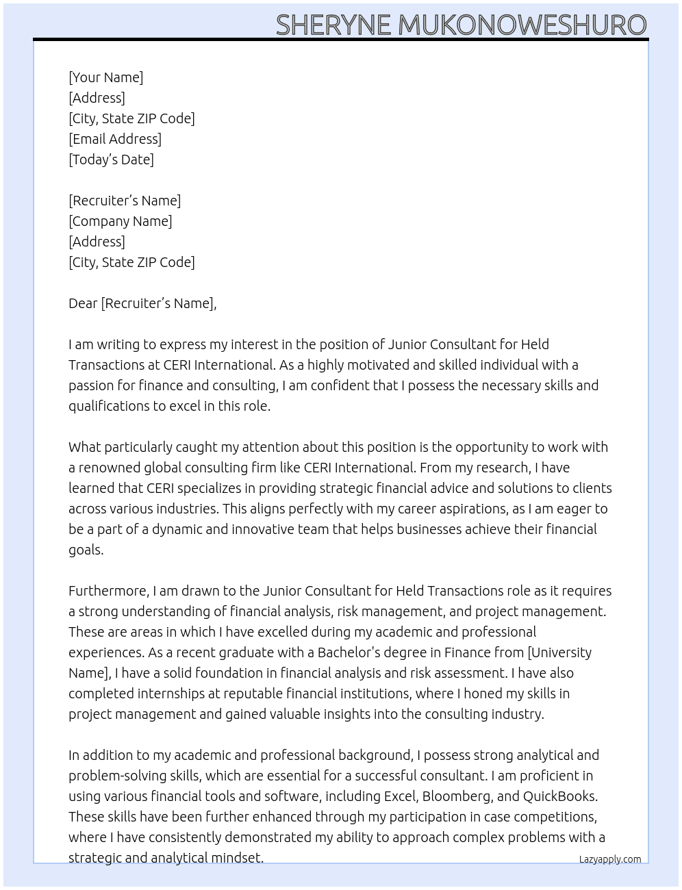 Junior Consultant for Held Transactions At CERI International  Cover Letter