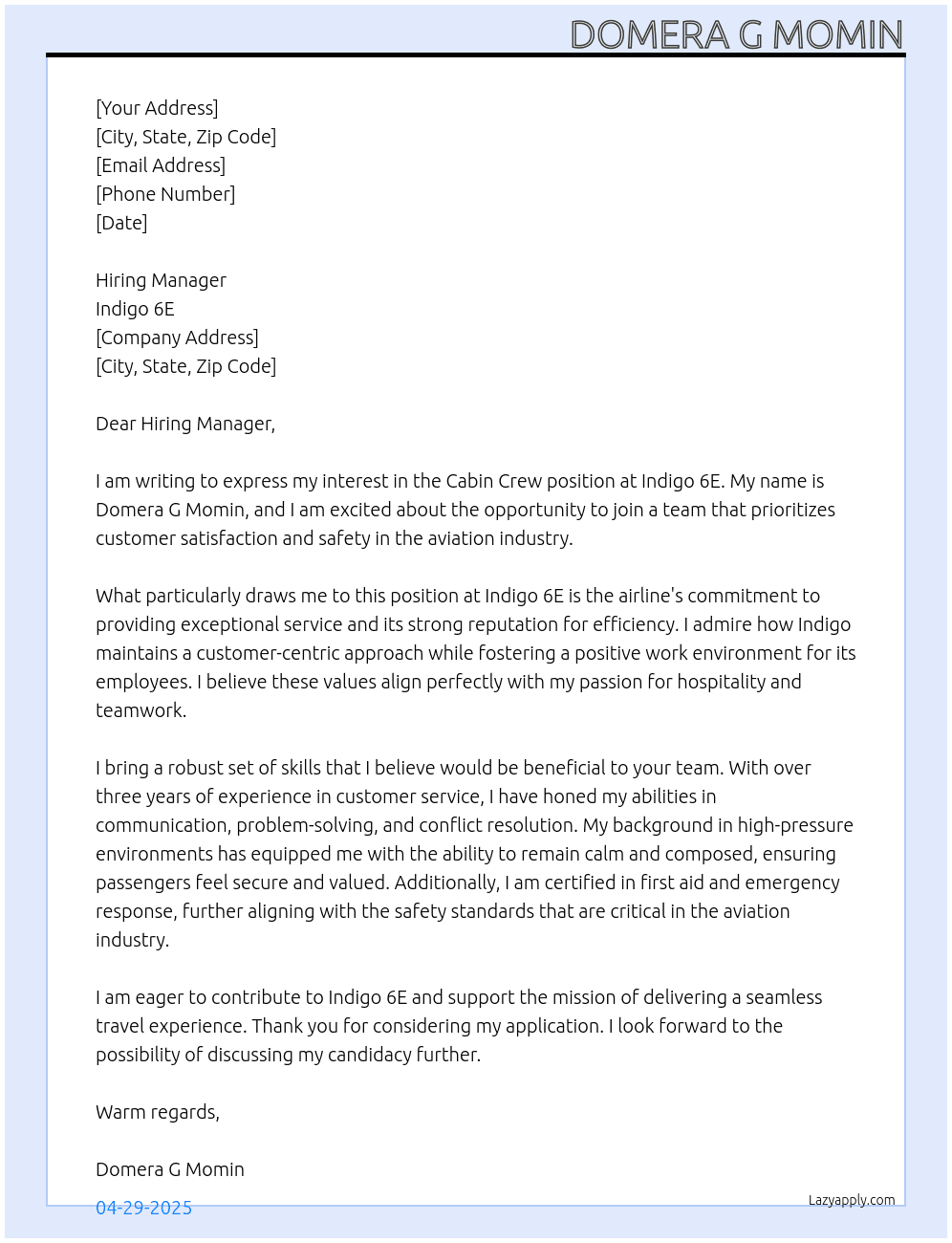 Cabin crew  At Indigo 6E Cover Letter