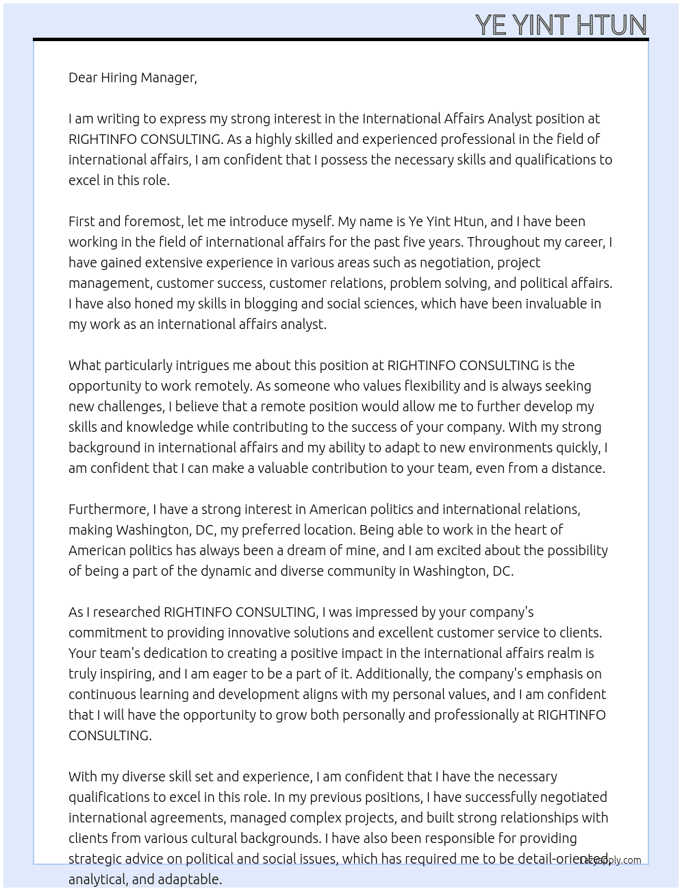 International affairs analyst - remote  At RIGHTINFO CONSULTING  Cover Letter