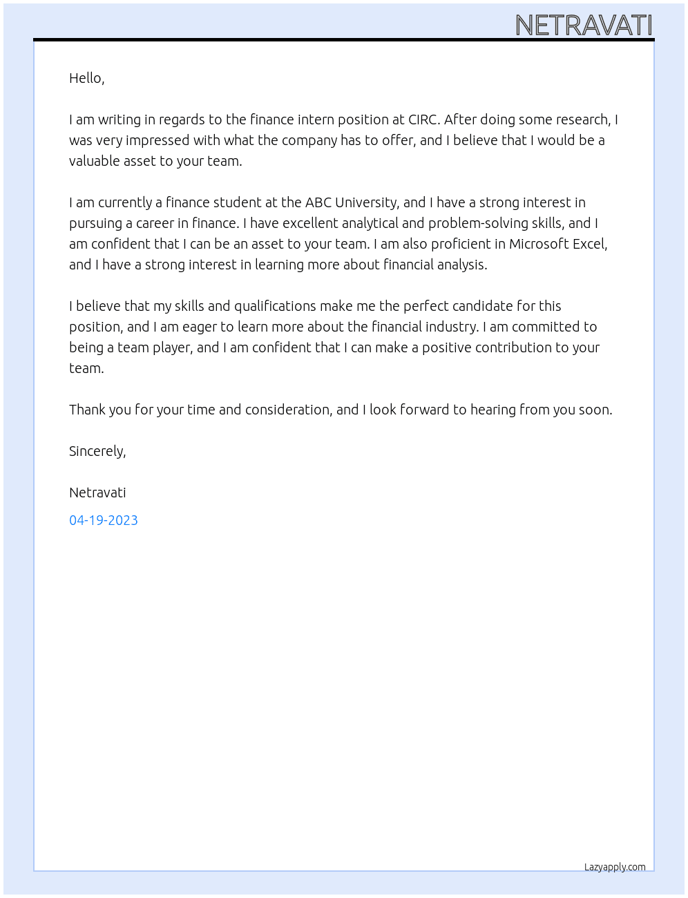 finance intern At CIRC Cover Letter