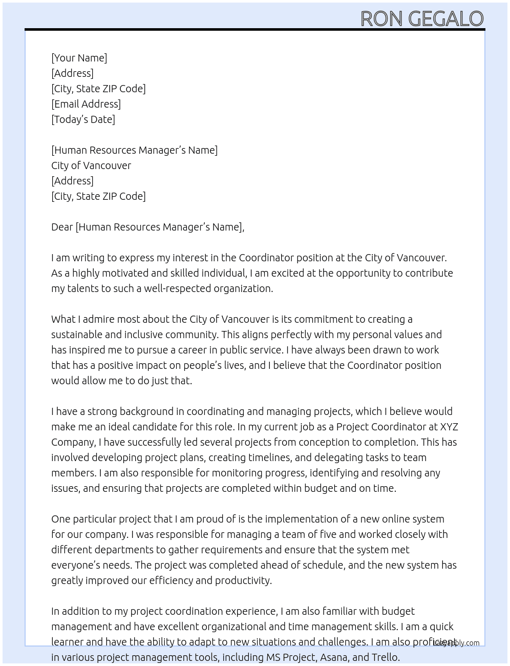 Coordinator At City Of Vancouver Cover Letter