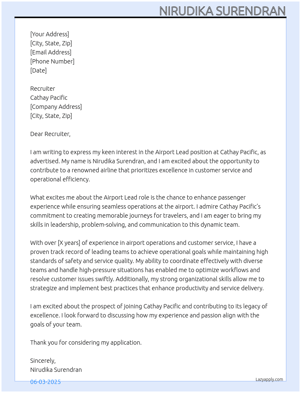 airport lead At Cathay pacific   Cover Letter
