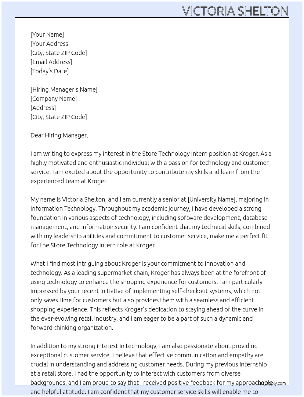 Store Technology intern At Kroger Cover Letter