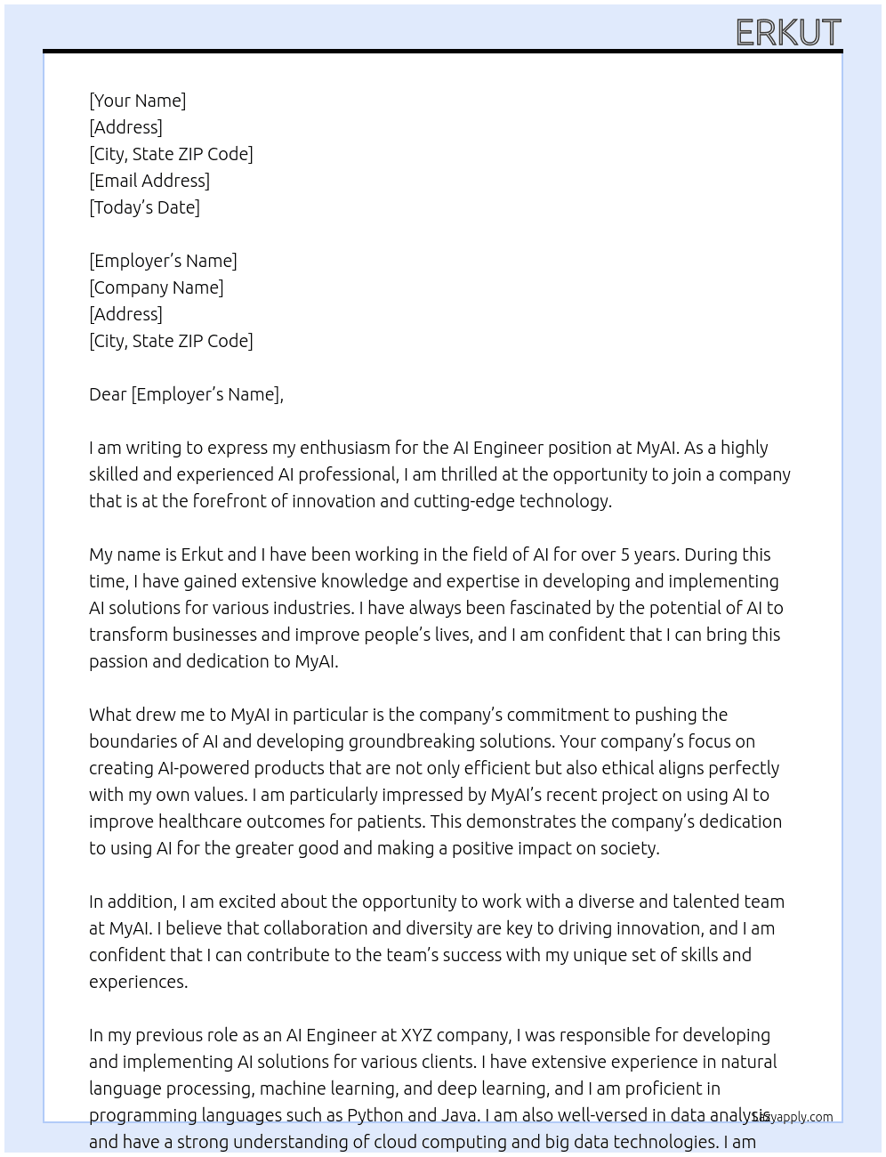ai engineer At myai Cover Letter