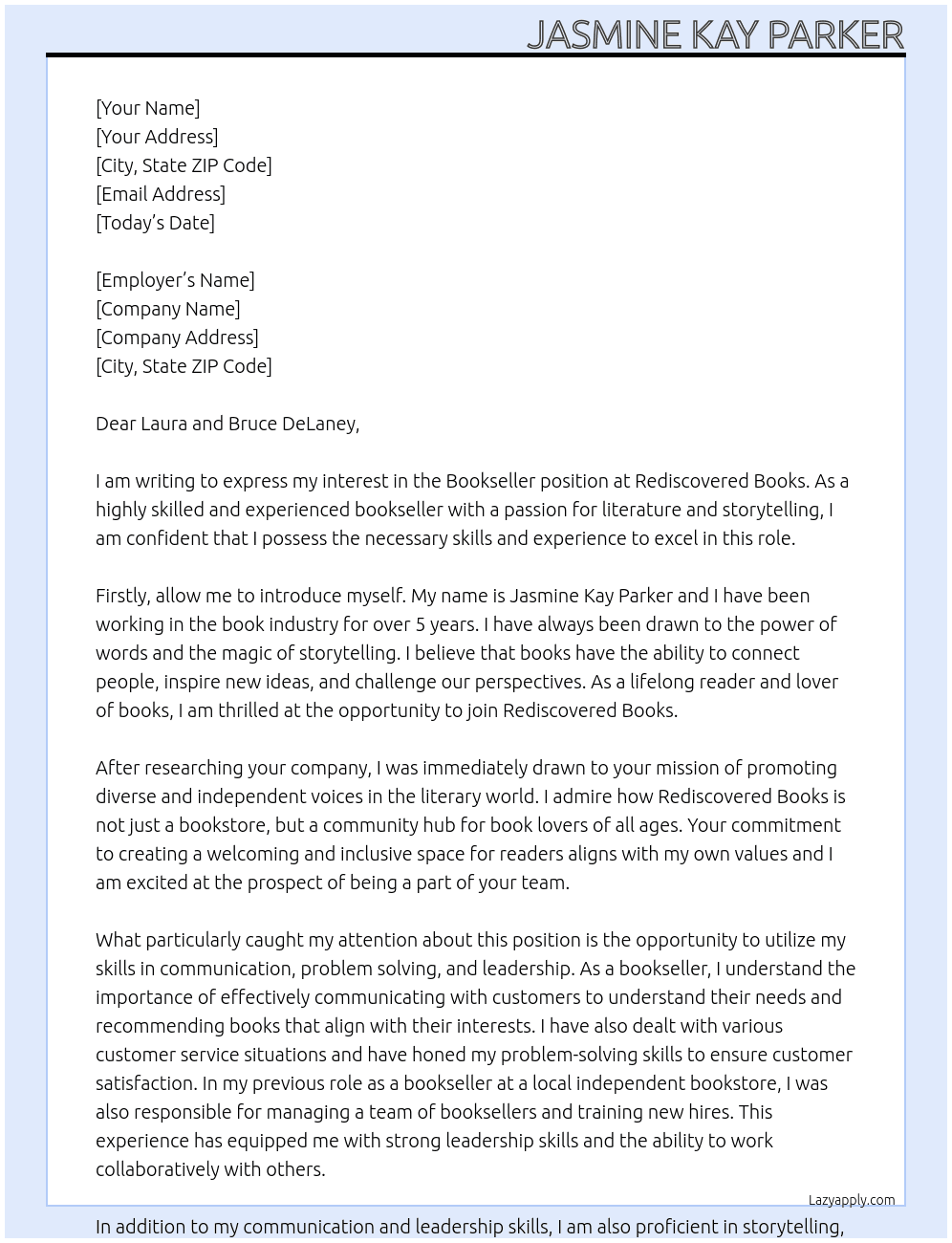 Bookseller  At Rediscovered Books Cover Letter