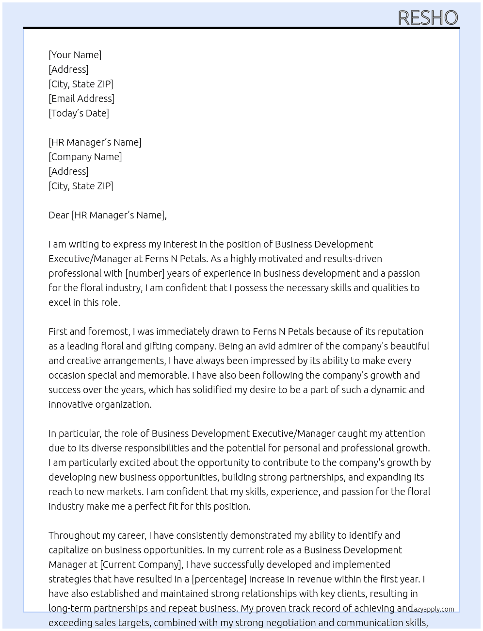 Business Development Executive / Manager At Ferns N Petals Cover Letter