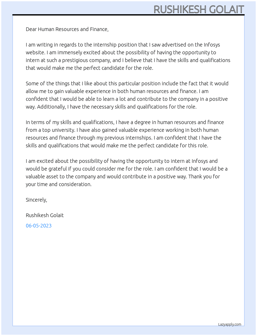 Intership  At Infosys  Cover Letter