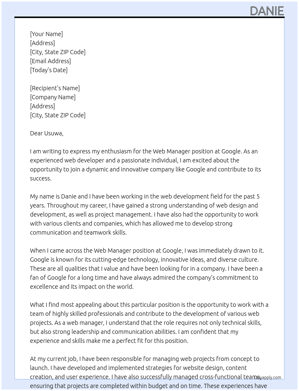 Cover letter for web manager - LazyApply