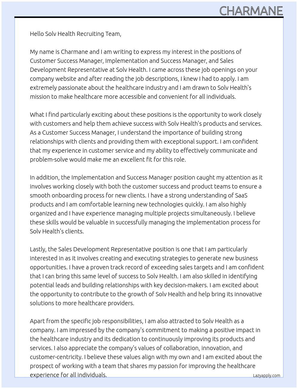 Customer Success Manager, Implentation and Success Manager, Sales Development Representative At Solv Health Cover Letter