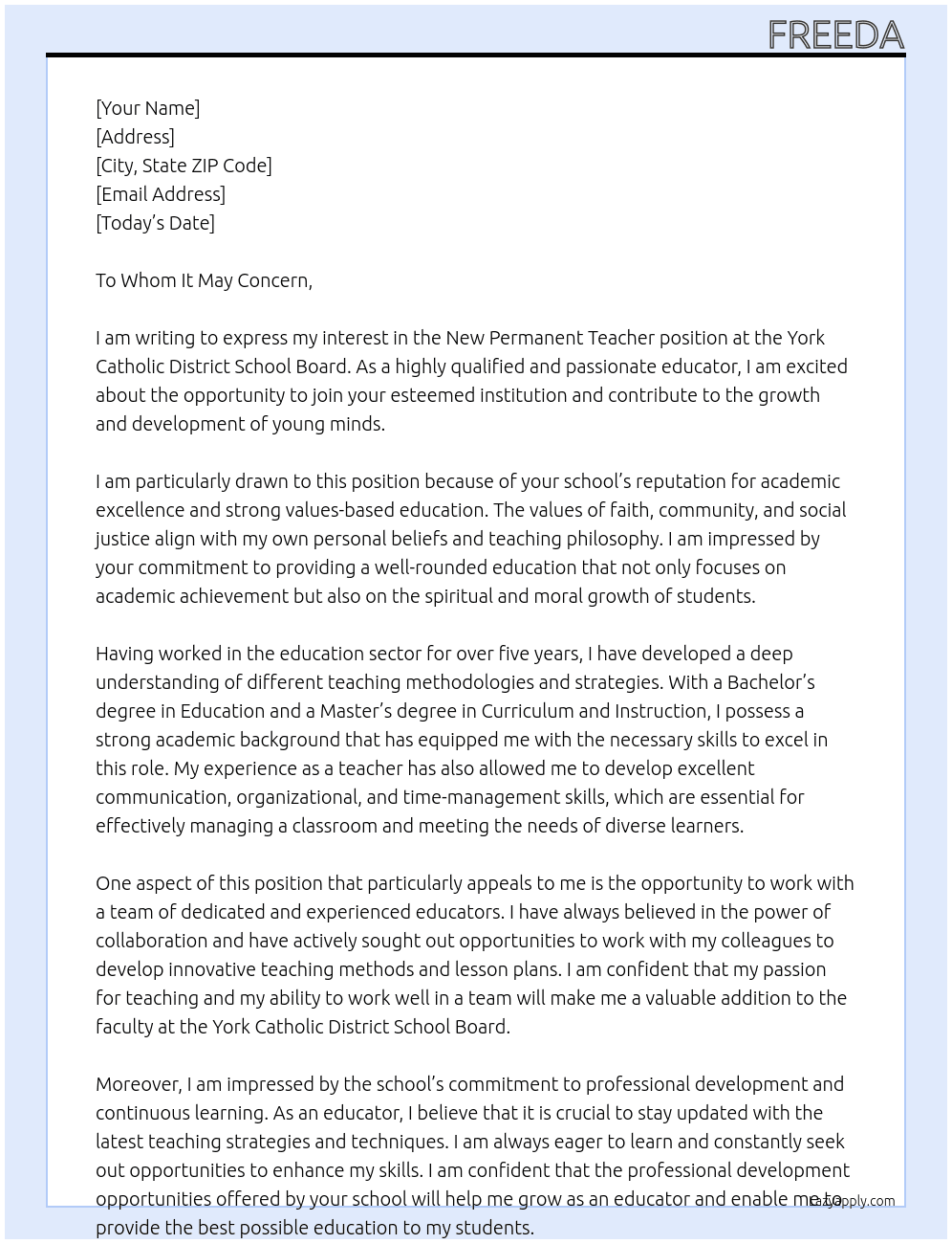 New Permanent Teacher At York Catholic District School Board Cover Letter