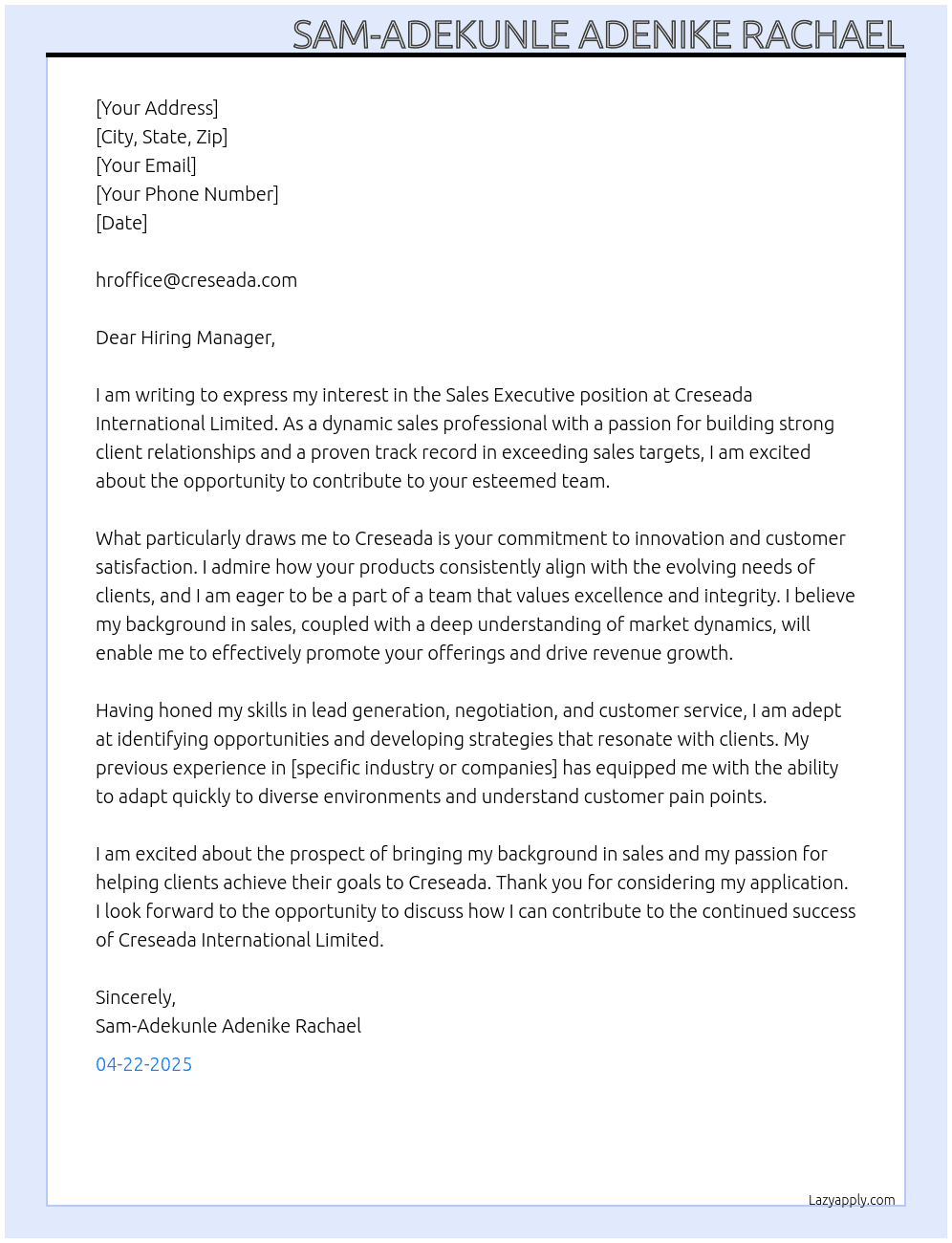 Sales Executive At Creseada International Limited Cover Letter