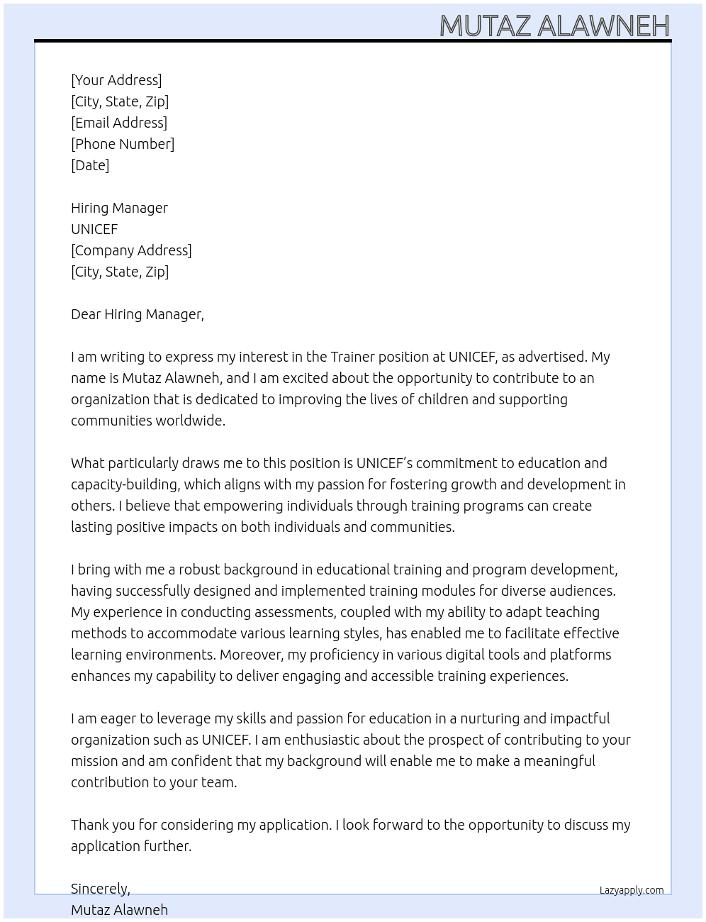 Cover letter for trainer in unicef - LazyApply