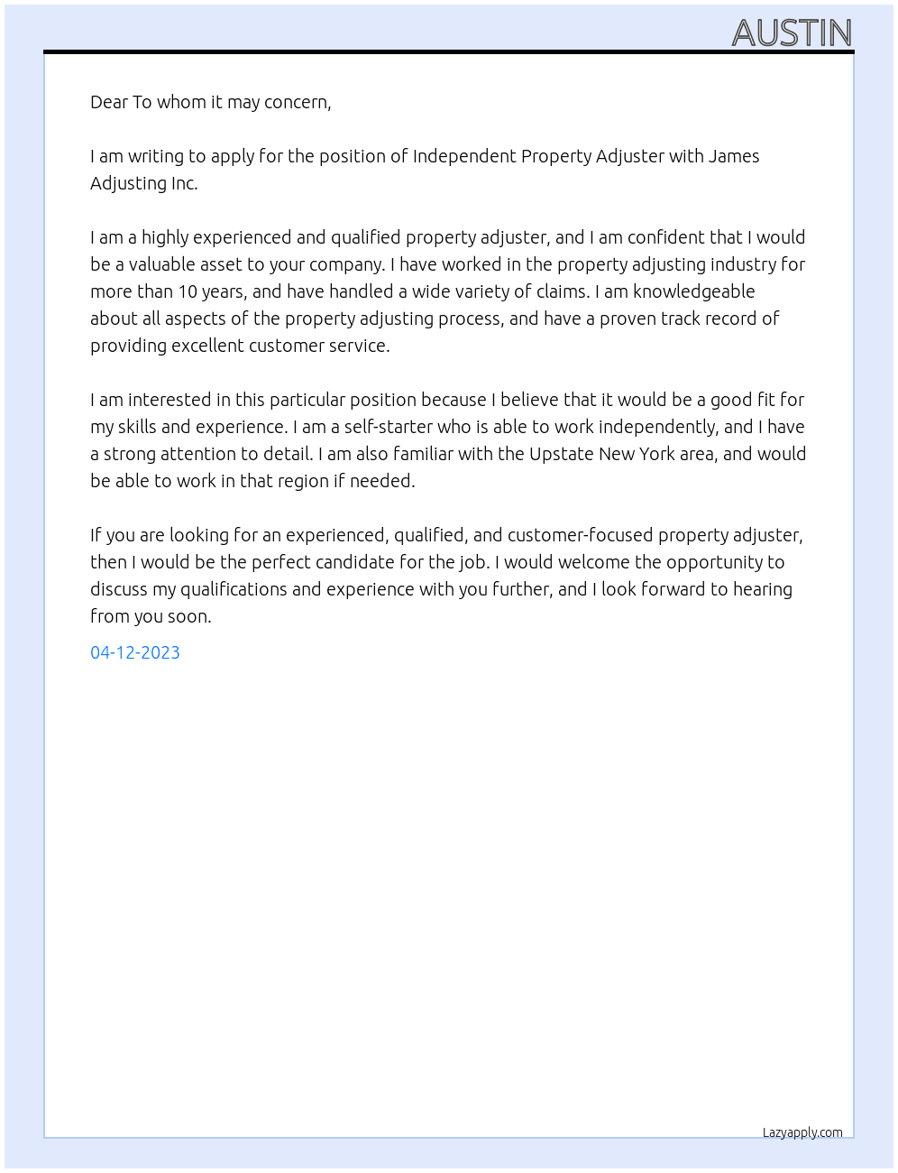 Independent Property Adjuster At James Adjusting Inc. Cover Letter