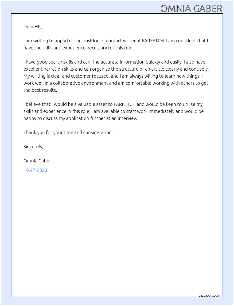 contact writer At FARFETCH Cover Letter