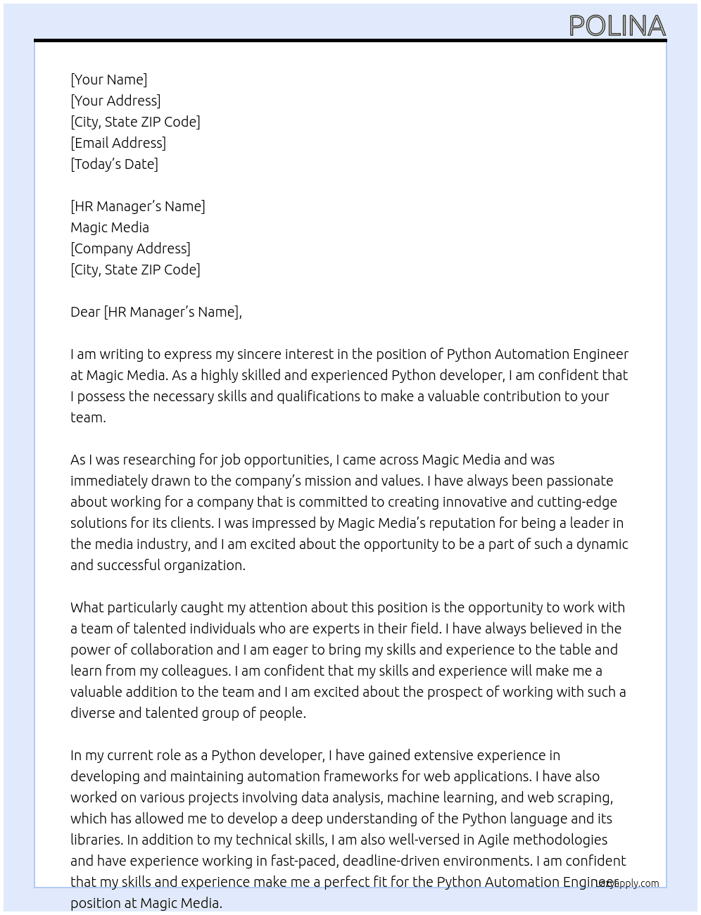 Python Automation Engineer At Magic Media Cover Letter