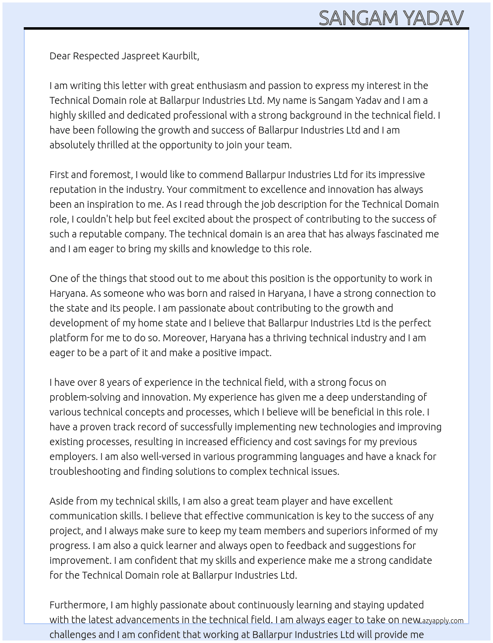 Technical Domain  At Ballarpur Industries ltd Cover Letter