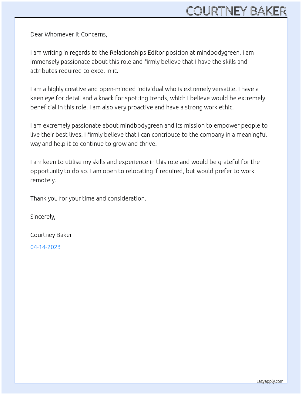 Relationships Editor At mindbodygreen Cover Letter